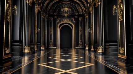 Elegant black palace hall with golden details and marble flooring
