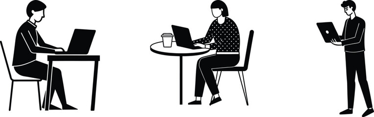 Modern Work Environment Silhouette Bundle – Desk, Café And Standing with Laptop And Tablet

