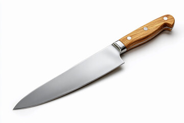 Sharp kitchen knife with wooden handle on white background