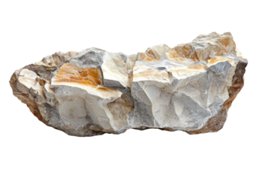 Rough, textured rock sample with variations in beige, gray, and orange hues. background removed