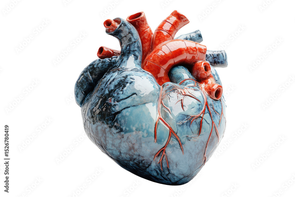 Poster a detailed 3d render of a human heart, showcasing its intricate structure and vessels. background re