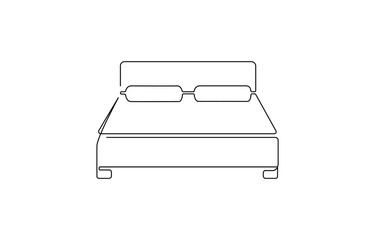 Double bed with the pillows in continuous one line drawing design. Minimalist single line draw, One line drawing illustration of bed. Interior of bedroom concept continuous line art. Editable outline.