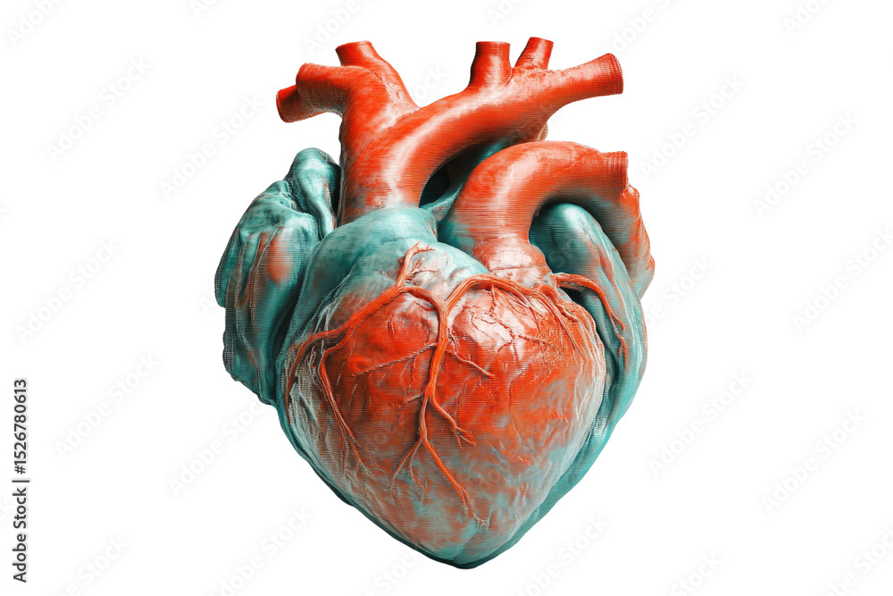 Poster A detailed 3D rendered image of a human heart, showcasing its intricate structure and vascular network. background removed