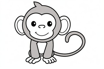 Obraz premium Cute simple line art monkey with thick black outlines for kids coloring book, vector clip art style with happy expression and clean design