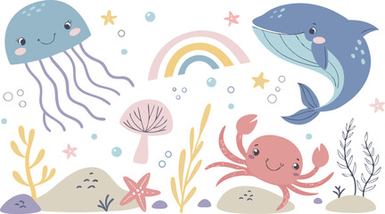 Cute marina life set with fish, whales, seaweed, marina elements for your design, childish hand drawn sea elements. playful and colorful vector illustration of cute underwater sea animals in a cartoon