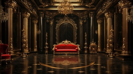Elegant opulent interior with red velvet furniture in a luxurious black and gold room