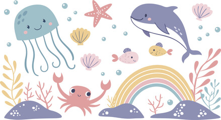 Cute marina life set with fish, whales, seaweed, marina elements for your design, childish hand drawn sea elements. playful and colorful vector illustration of cute underwater sea animals in a cartoon