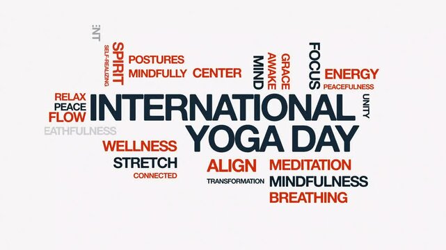International yoga day  Animated Tag Word Cloud kinetic typography concept, Text Design Animation typography seamless loop video motion graphics Intro 4k, animated Word Art Looping Text effects