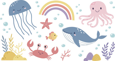 Cute marina life set with fish, whales, seaweed, marina elements for your design, childish hand drawn sea elements. playful and colorful vector illustration of cute underwater sea animals in a cartoon