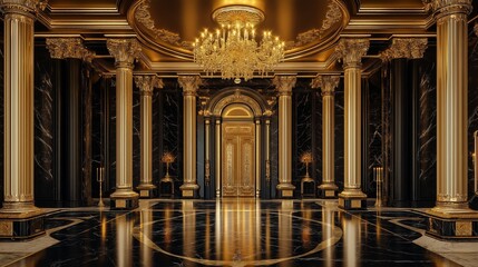 Elegant black palace hall with golden details and marble flooring