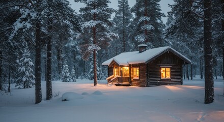 Snowy cabin in winter forest