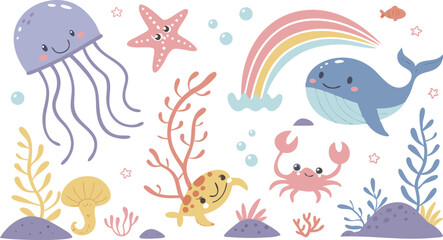 Cute marina life set with fish, whales, seaweed, marina elements for your design, childish hand drawn sea elements. playful and colorful vector illustration of cute underwater sea animals in a cartoon