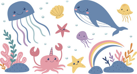 Cute marina life set with fish, whales, seaweed, marina elements for your design, childish hand drawn sea elements. playful and colorful vector illustration of cute underwater sea animals in a cartoon