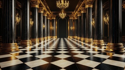 Elegantly designed palace black hall with marble floor and golden columns
