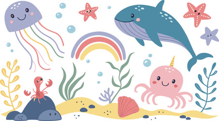 Cute marina life set with fish, whales, seaweed, marina elements for your design, childish hand drawn sea elements. playful and colorful vector illustration of cute underwater sea animals in a cartoon
