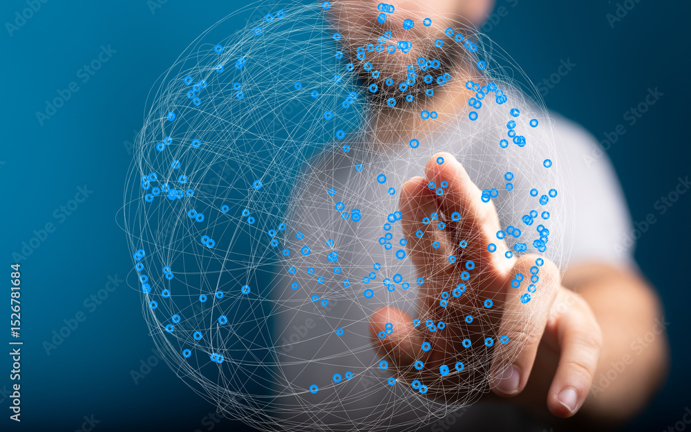 Poster Abstract image of a hand interacting with a digital sphere representing global network connections.