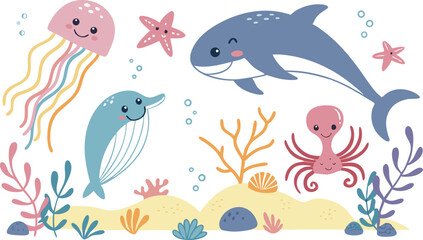 Cute marina life set with fish, whales, seaweed, marina elements for your design, childish hand drawn sea elements. playful and colorful vector illustration of cute underwater sea animals in a cartoon