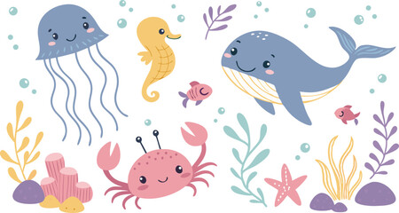 Cute marina life set with fish, whales, seaweed, marina elements for your design, childish hand drawn sea elements. playful and colorful vector illustration of cute underwater sea animals in a cartoon