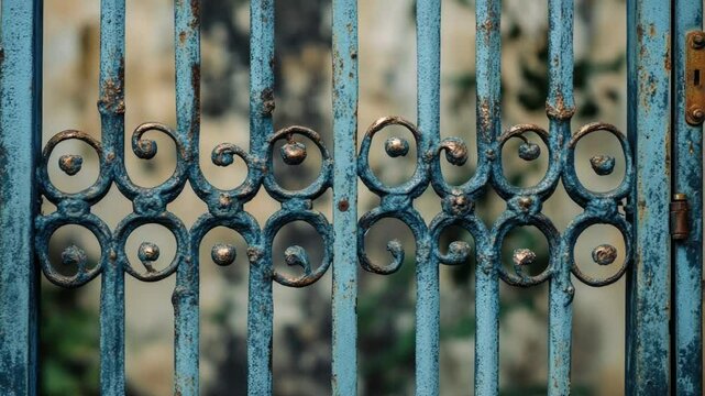 A close-up shot of a blue iron gate with intricate details and rusty hinges.