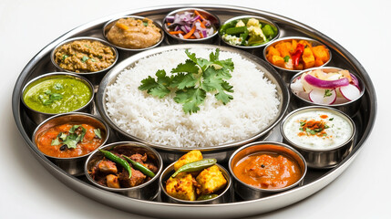 A top view of a delicious traditional Indian thali with various curries and gravies around isolated on transparent white background, clipping path