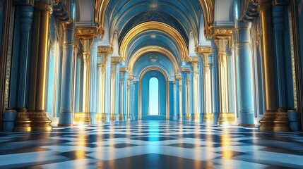 Grand palace blue interior of a historic hall with intricate designs and vibrant colors