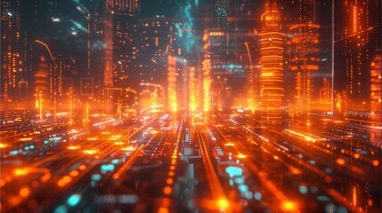 Fototapeta premium A futuristic cityscape glows with digital lights, symbolizing the digital age and advanced technological innovation. The skyscrapers and infrastructure are interconnected.