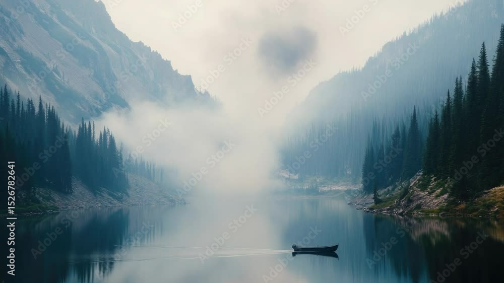 Poster a peaceful scene with a boat floating on the surface of a lake, surrounded by tall trees