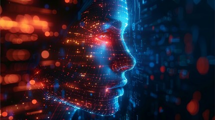 Digital face composed of glowing particles, technological concept, artificial intelligence