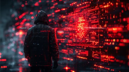 a person standing in front of a vibrant, data-filled futuristic scene