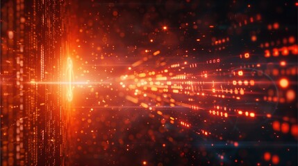 Illuminating digital corridor with glowing red light, creating a sense of forward movement and energy. The lights seem to extend into the distance, enhancing the depth and technological vibe.