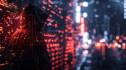 A person in a hooded standing near cyber network data stream in a cityscape, evoking a sense of mystery, danger, and technological intrigue.