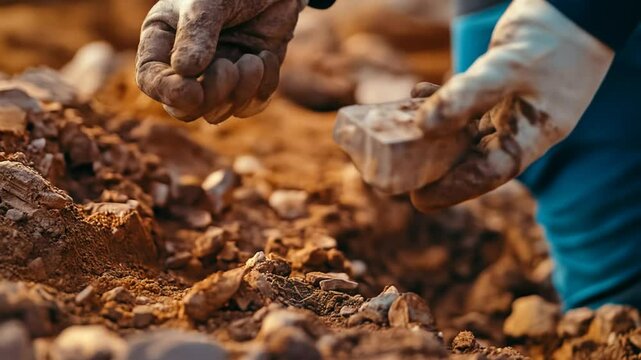 Earthstained gloves holding dirt clod