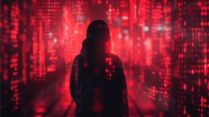 A lone figure stands in a dark cityscape illuminated by red lights, creating an atmosphere of mystery and urban solitude
