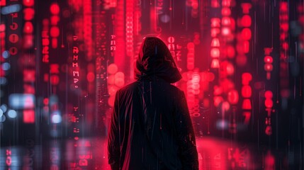 A hooded figure stands before a wall of cascading digital data, creating a sense of mystery and technological immersion.