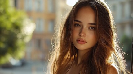 Obraz premium A woman closeup portrait outdoors. Beautiful female with natural makeup. Natural beauty and skincare concept.