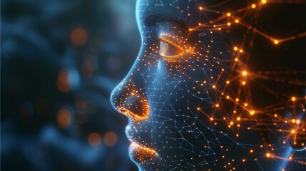 a futuristic digital human face, with glowing lines that illustrate neural networks