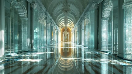 A grand hall with ornate gold accents and green walls. Luxurious interior design.