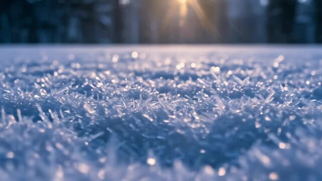 Close-up of ice crystals on snow with soft light during winter  