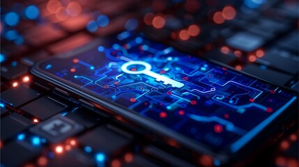 A smartphone displaying a digital key with circuits and technology on the screen, representing data protection and information security.