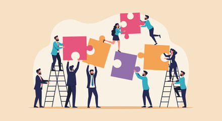 Fototapeta premium Business Teamwork concept. Contemporary flat style abstract vector illustration of diverse people putting together puzzle details. Isolated on background. 