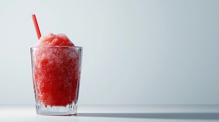Red fruity slushie in a glass with a red straw on a light background. Refreshing drink for summer and hot weather.