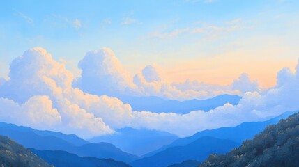 Fototapeta premium Pastel hues of mountains and clouds at dawn.