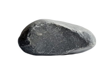 A single, dark gray, smooth river rock isolated on a transparent background. background removed