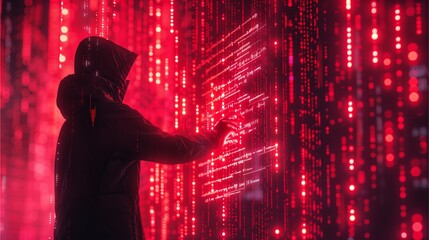 a hooded figure interacting with glowing red code, creating a mysterious, futuristic scene.