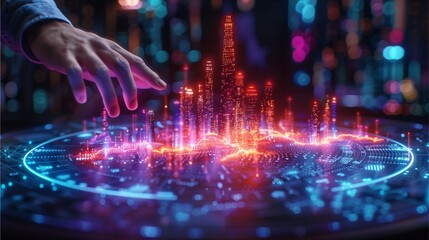 A hand interacting with an advanced digital interface, showcasing technological innovation and data visualization