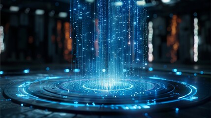 a glowing blue light descends onto a futuristic platform, creating a visually stunning display of energy and technology