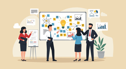 Business Workshop Concept. Vector cartoon illustration of a close-up group of diverse people standing near a board with sticky notes and discussing an idea. Isolated on background.