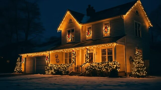 Charming house decorated with Christmas lights during winter night  