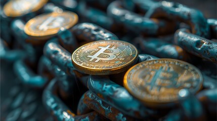 bitcoin coins resting on metal chain symbolizing secure digital currency and financial stability. The coins are golden, adding a touch of luxury and value to the scene