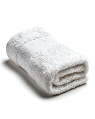 A neatly folded white towel on a plain white background, showcasing its soft texture and clean appearance